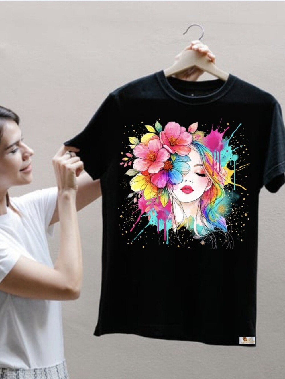 Luxury Black Watercolor Floral Baddie Graphic Tee - Size M